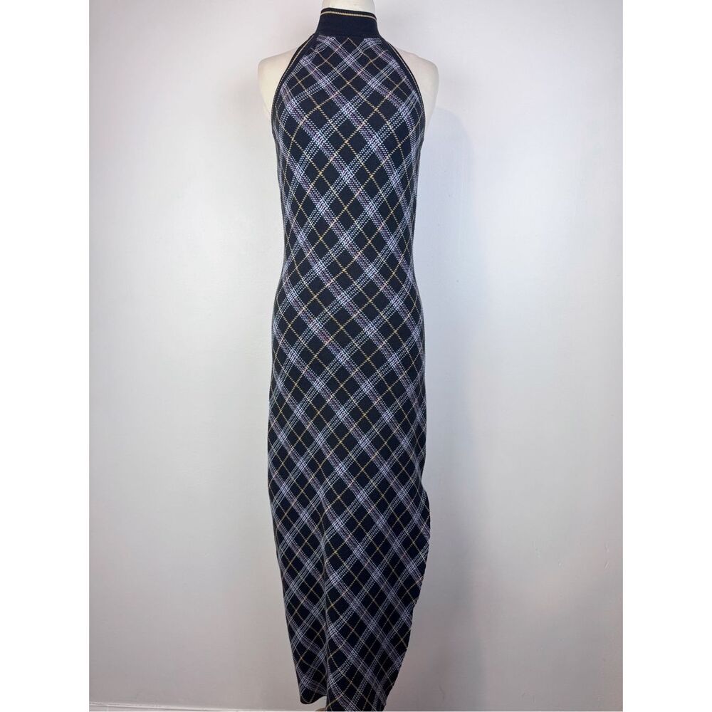 Free People Sz L Saylor Sleeveless Midi Dress Plaid Bodycon Black High Neck
